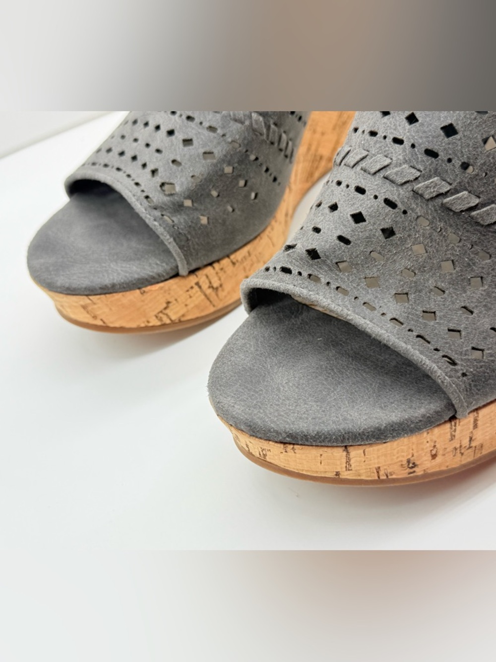 Fergalicious Gray Perforated Suede Cork Wedge Sandals - Picture 7 of 12
